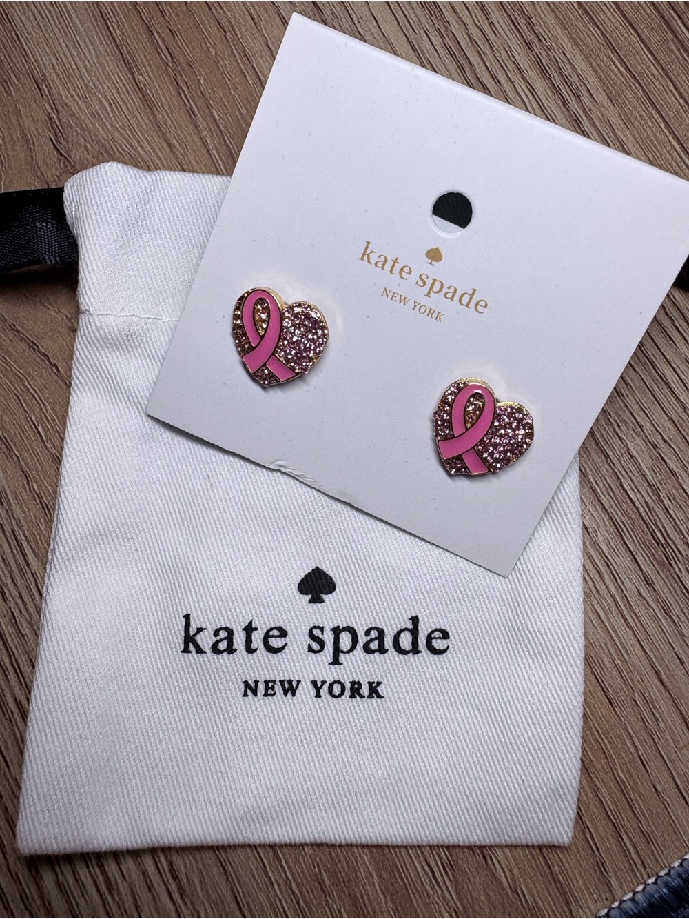 kate spade ♠️ Pink Ribbon Heart Glitter Stud Earrings Breast Cancer Awareness